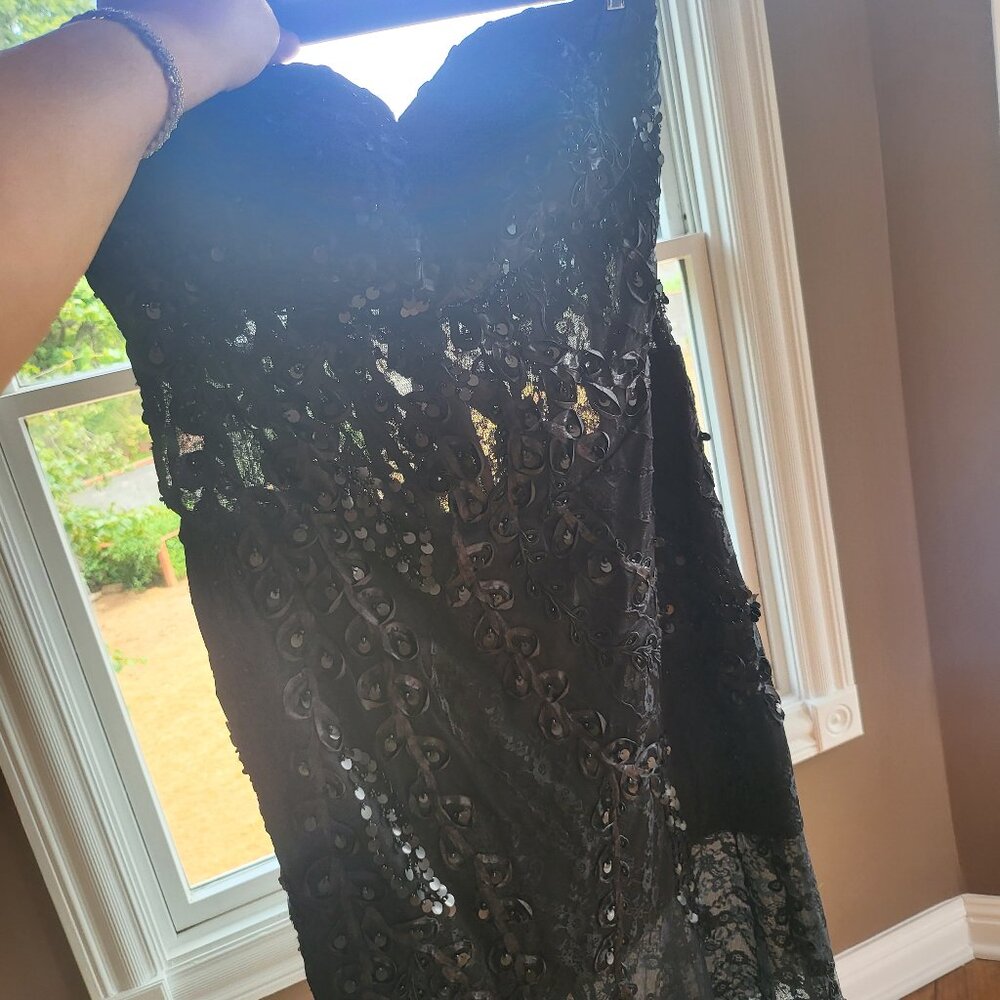 $499 SUE WONG CORSET EVENING MAXI  PARTY BLACK LACE DRESS SIZE 14  SAKS FIFTH